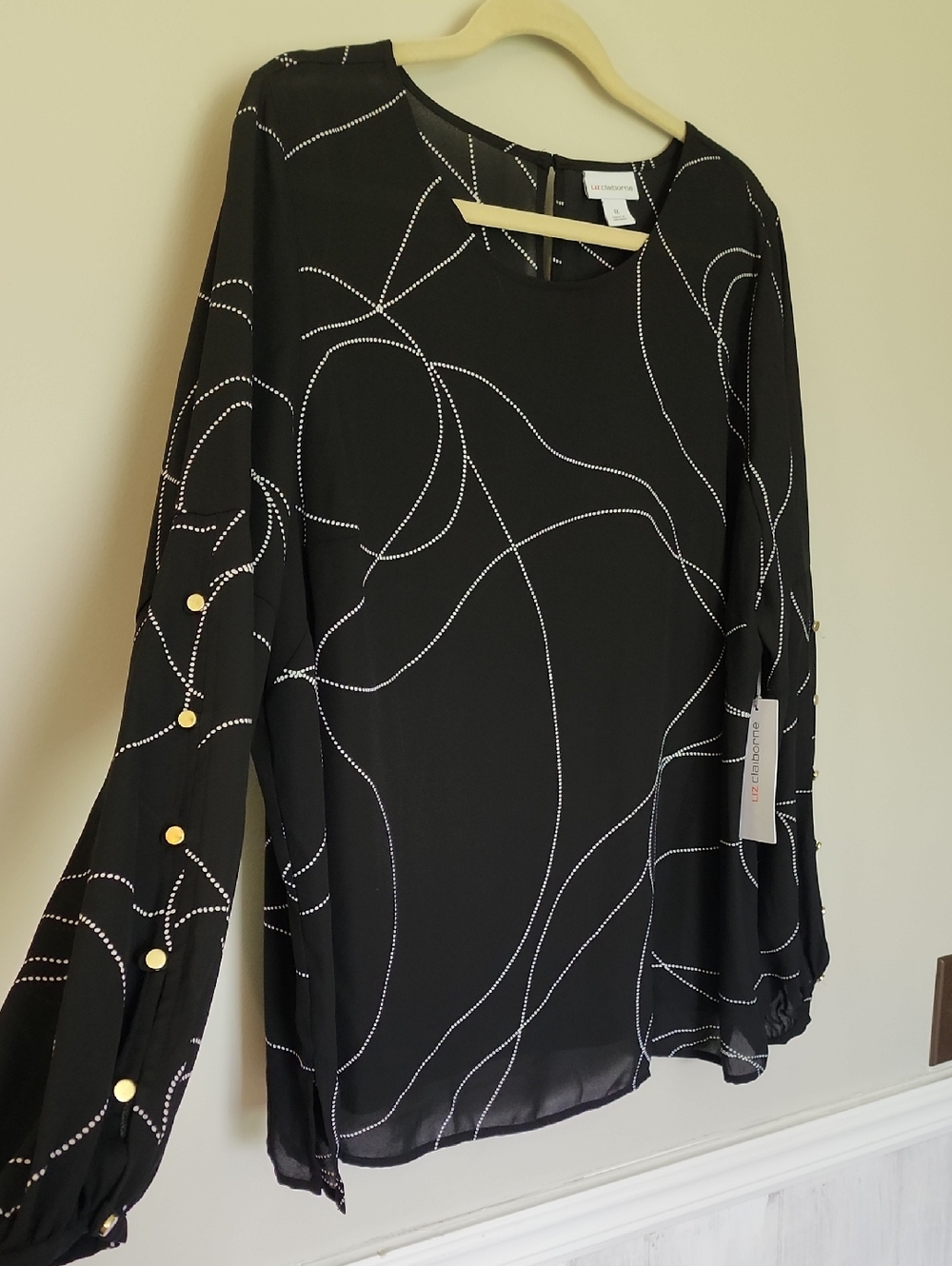 Liz Claiborne Black Blouse with White Abstract Dot Lines & Gold Button Detail